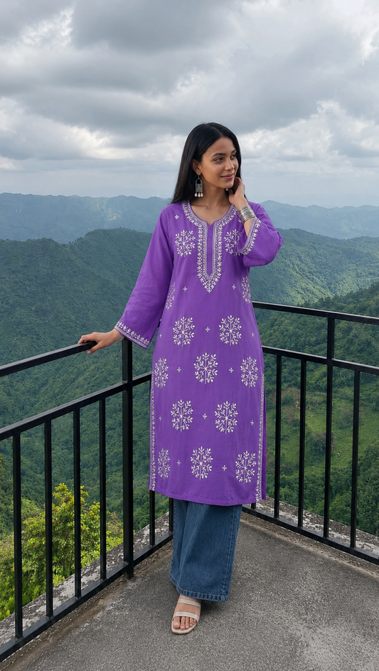 Cotton Heavy Boota Chikankari Long Kurta – Purple Adab e Libas