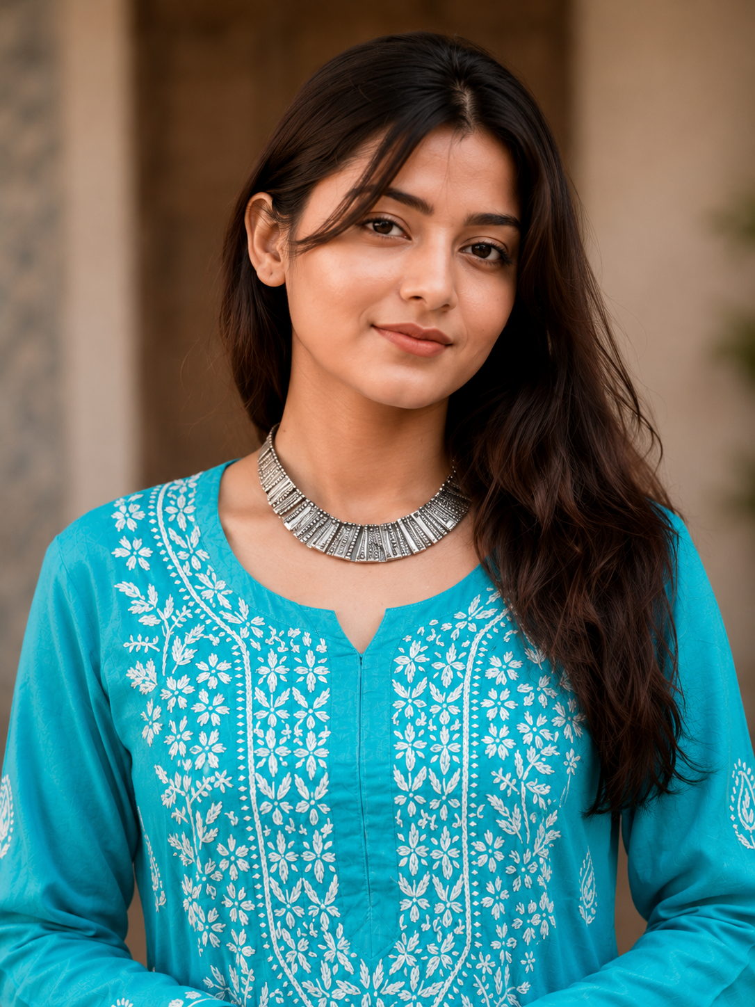 Turquoise Chikankari Cotton Long Kurta Adab e Libas
