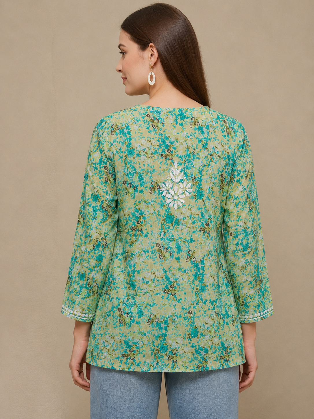 Mint Green Floral Mal Printed Cotton Short Kurta Adab e Libas