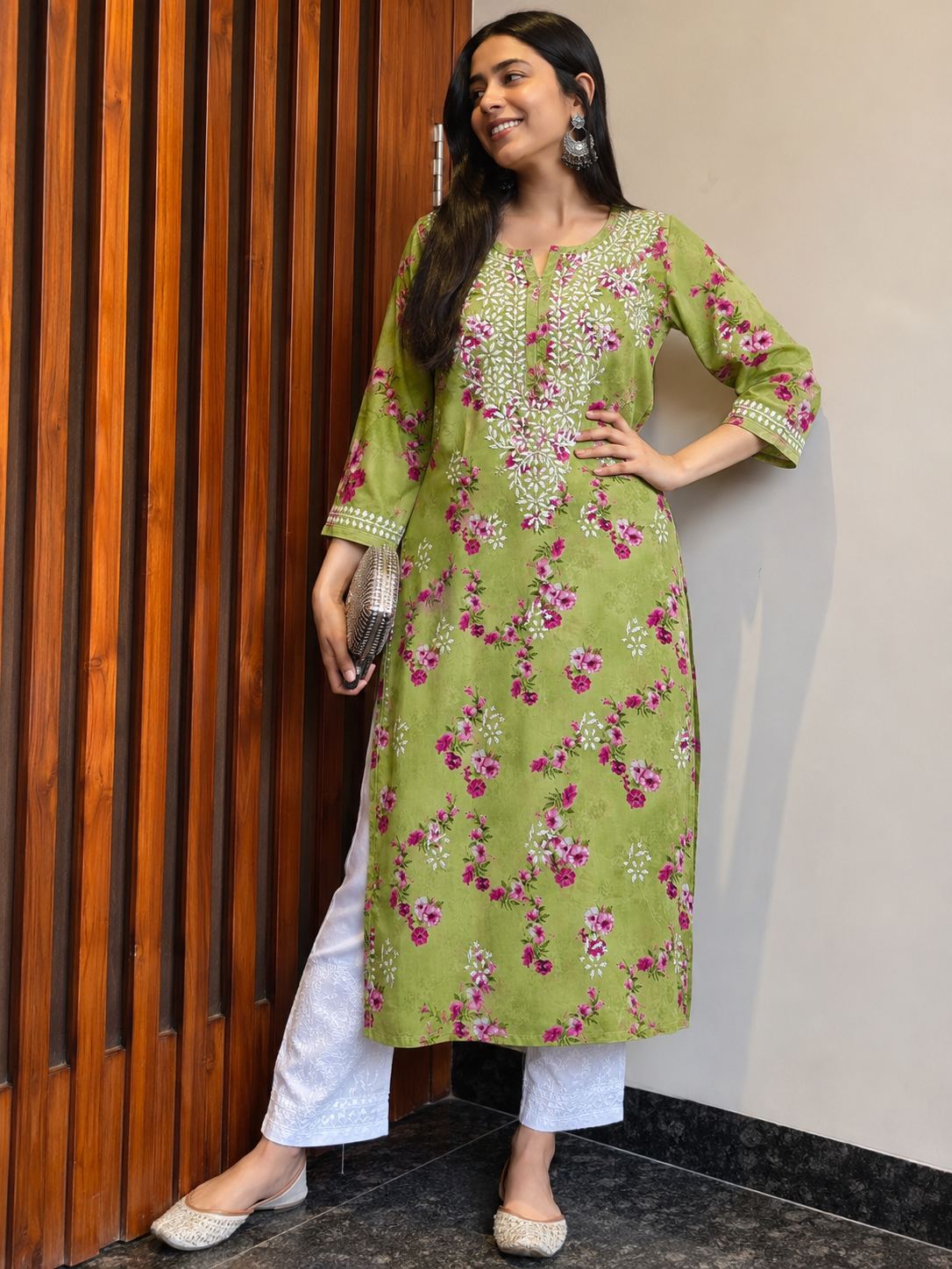 Olive Green Floral Mal Printed Cotton Long Kurta Adab e Libas