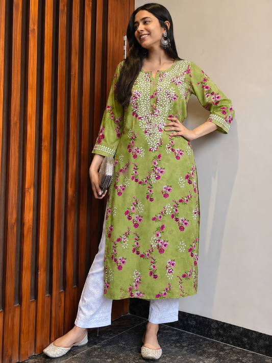 Olive Green Floral Mal Printed Cotton Long Kurta Adab e Libas