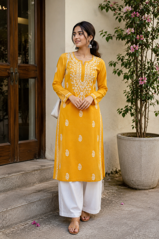 Mustard Chikankari Cotton Long Kurta Adab e Libas