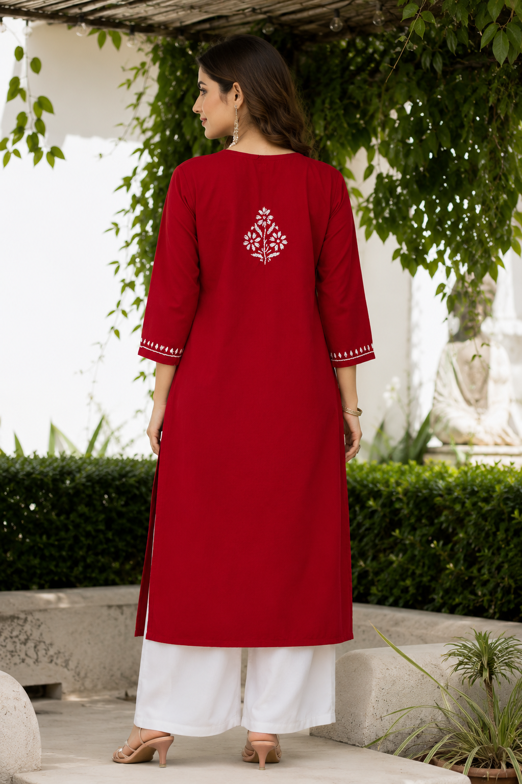 Red Chikankari Cotton Long Kurta Adab e Libas