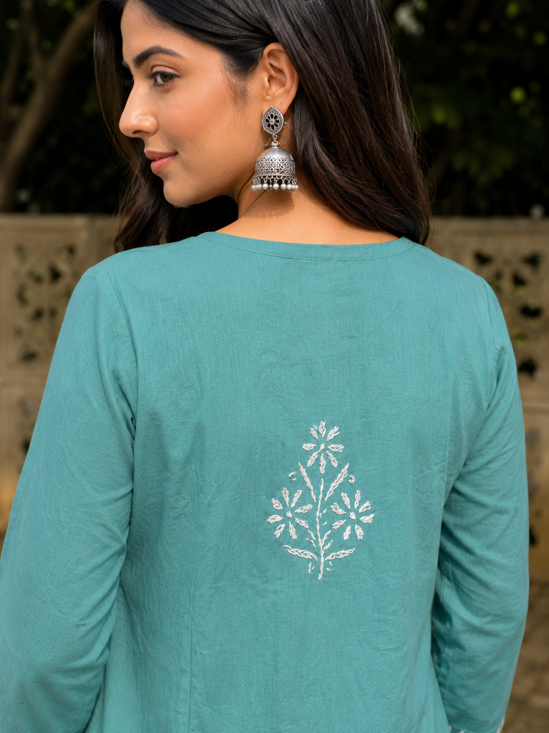 Aqua Chikankari Cotton Long Kurta Adab e Libas