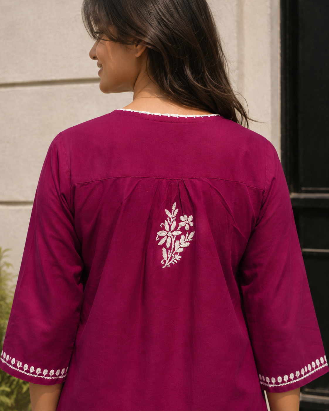 COTTON CHIKANKARI SHORT KURTA - WINE Adab e Libas