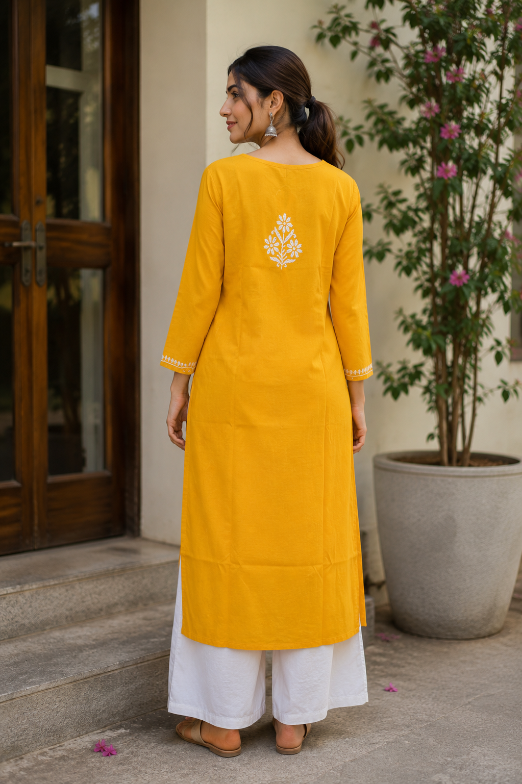 Mustard Chikankari Cotton Long Kurta Adab e Libas