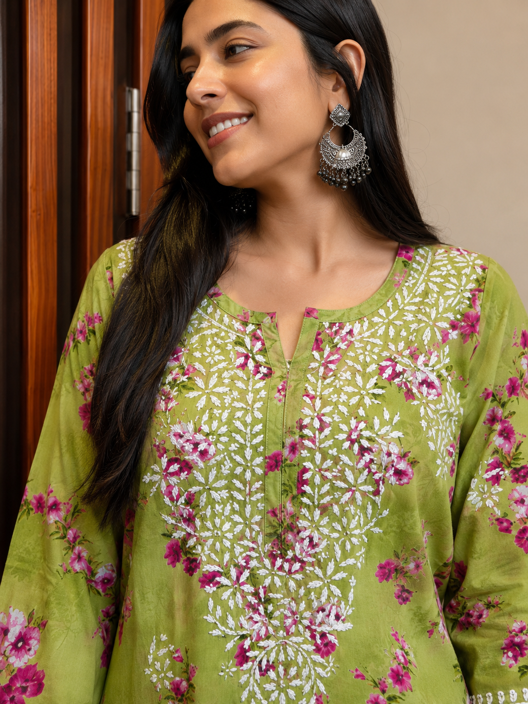 Olive Green Floral Mal Printed Cotton Long Kurta Adab e Libas