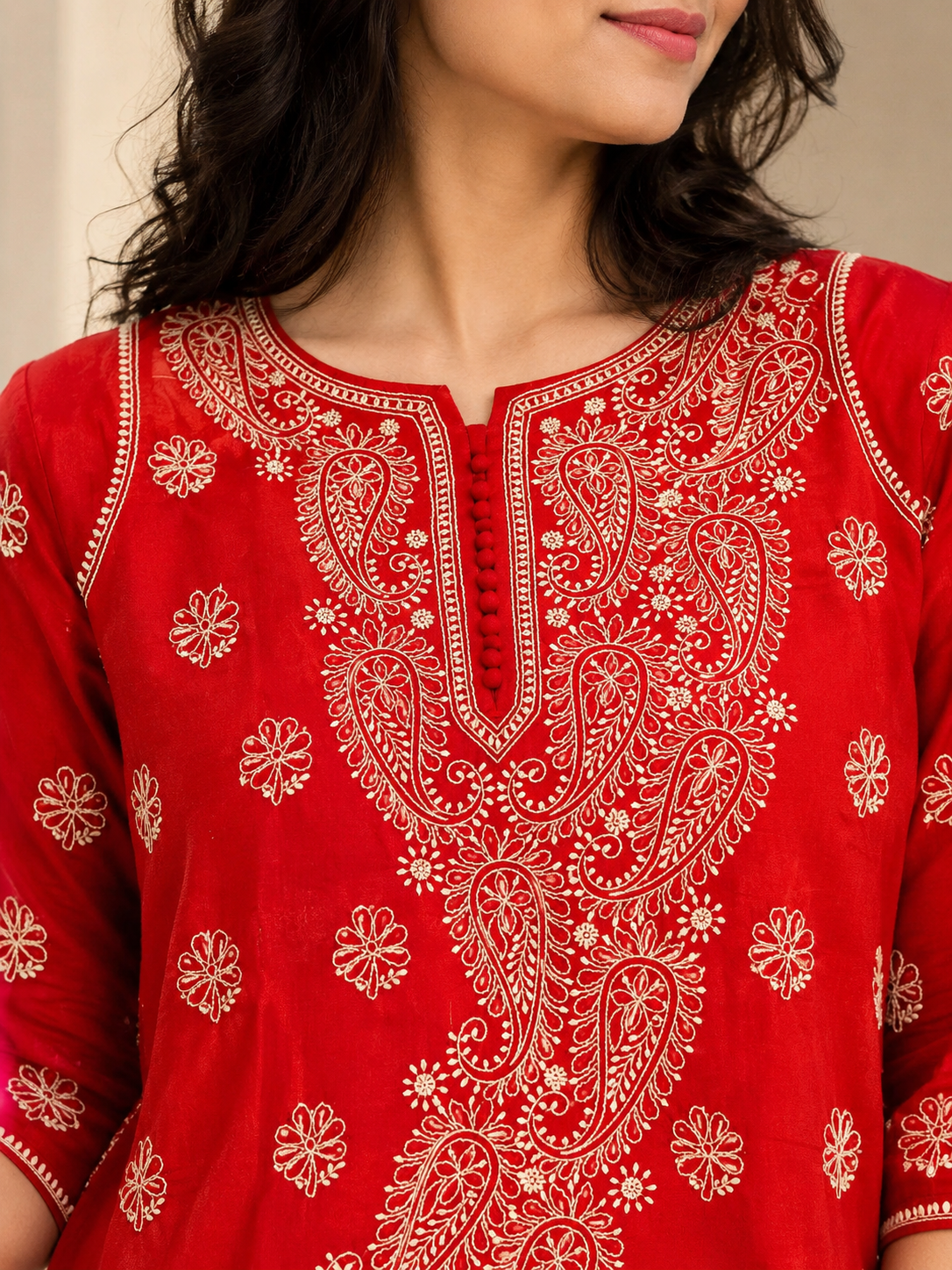 COTTON CHIKANKARI KURTA - RED Adab e Libas