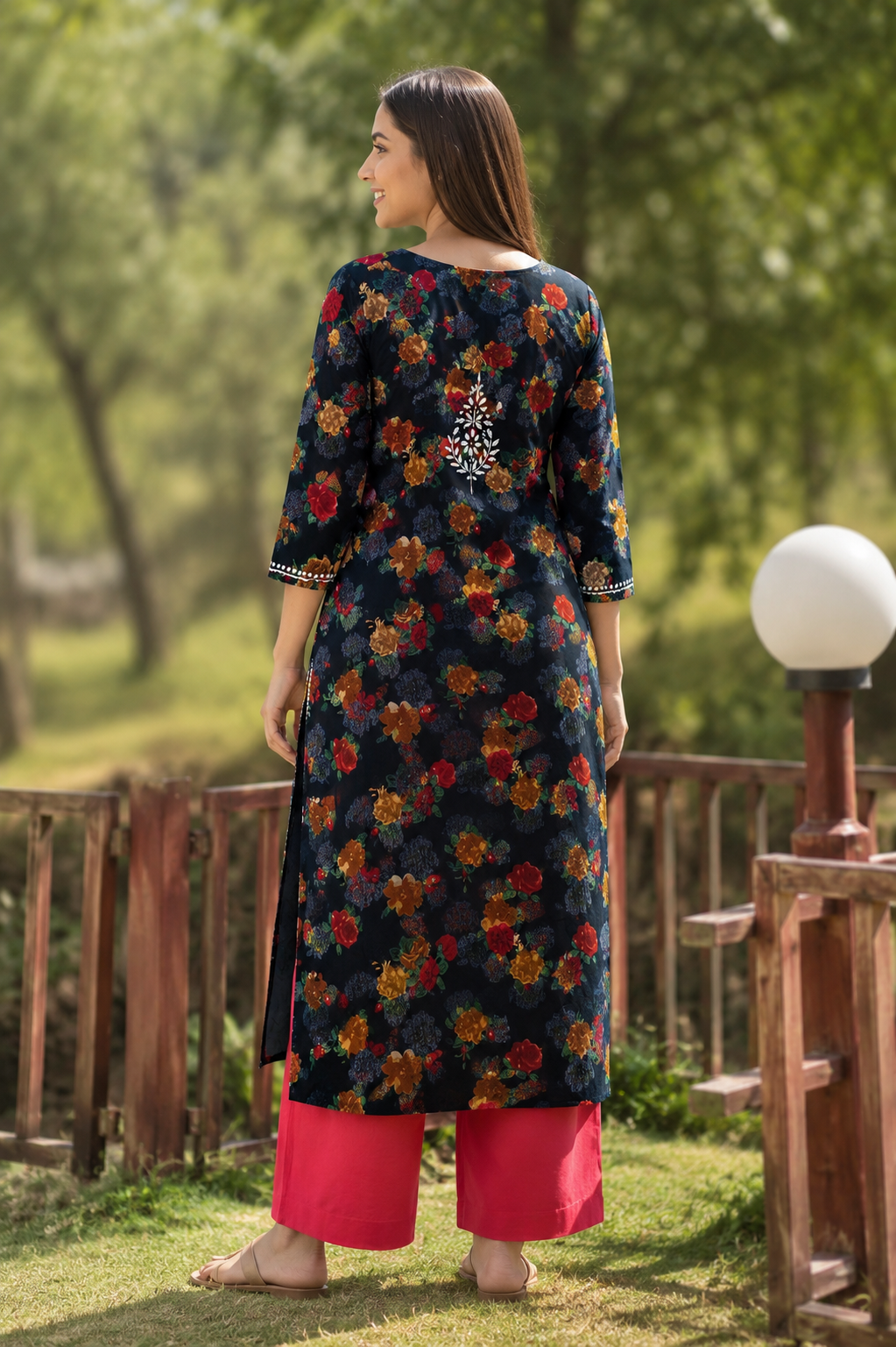 Black Floral Mal Printed Cotton Long Kurta Adab e Libas