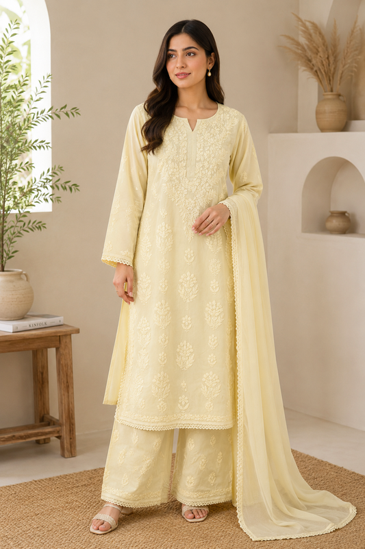 Rayon Chikankari 3 Piece Set – Mustard Adab e Libas