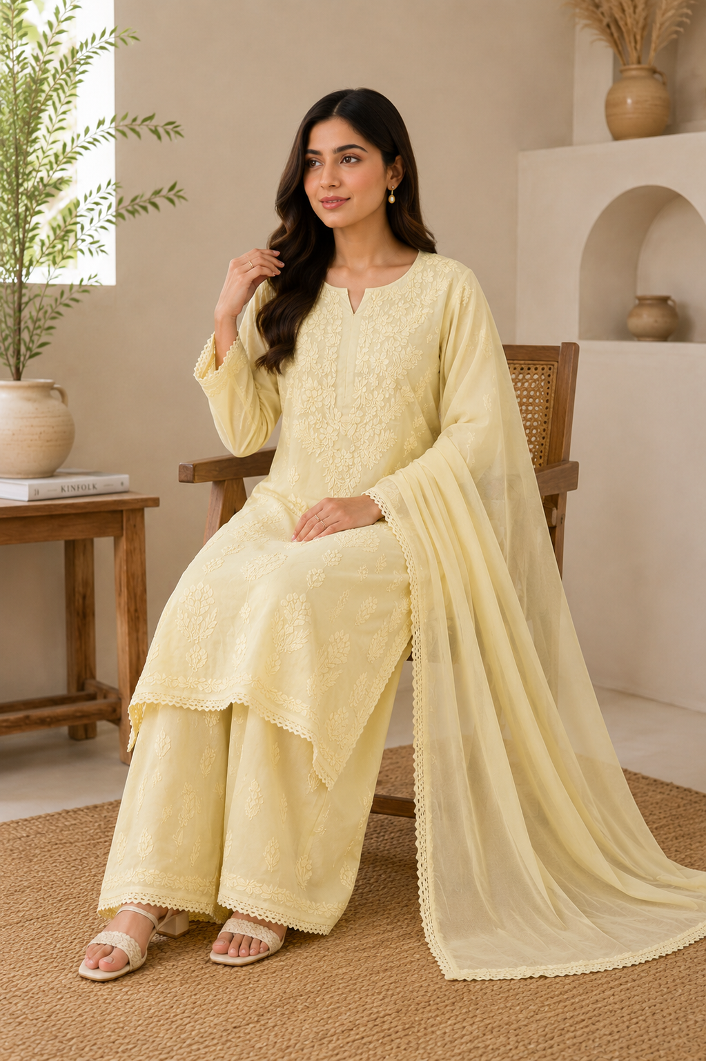 Rayon Chikankari 3 Piece Set – Mustard