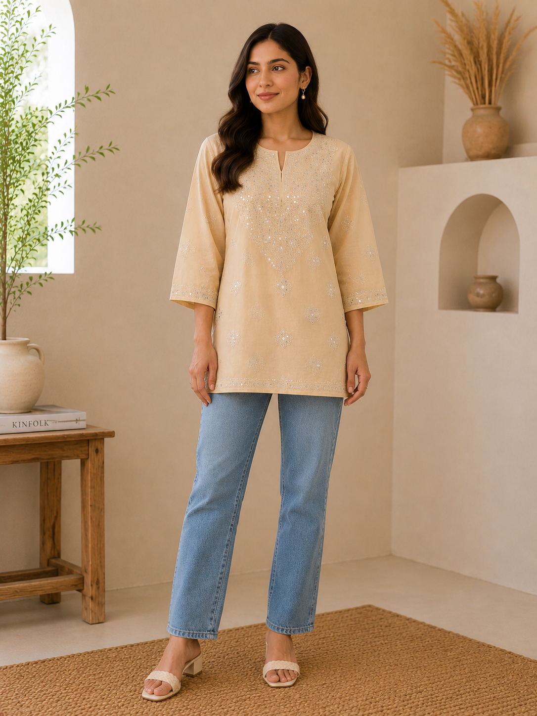 Cotton Chikankari Short Kurti – Orange Mirror