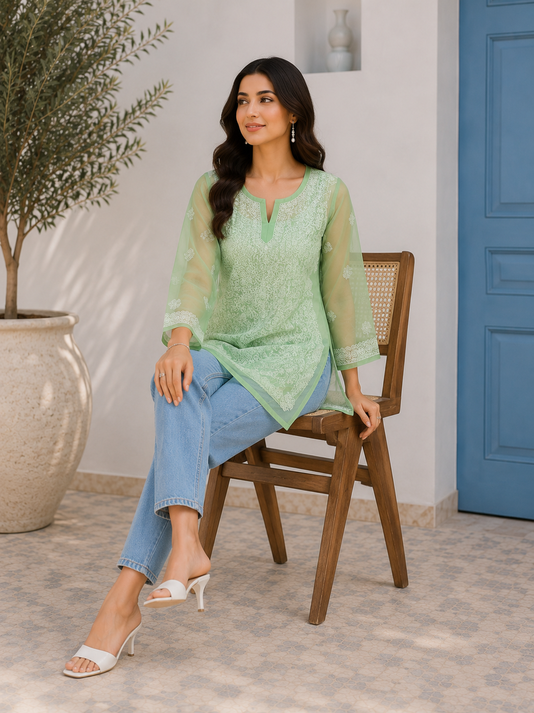 Georgette Chikankari Kurti – Green