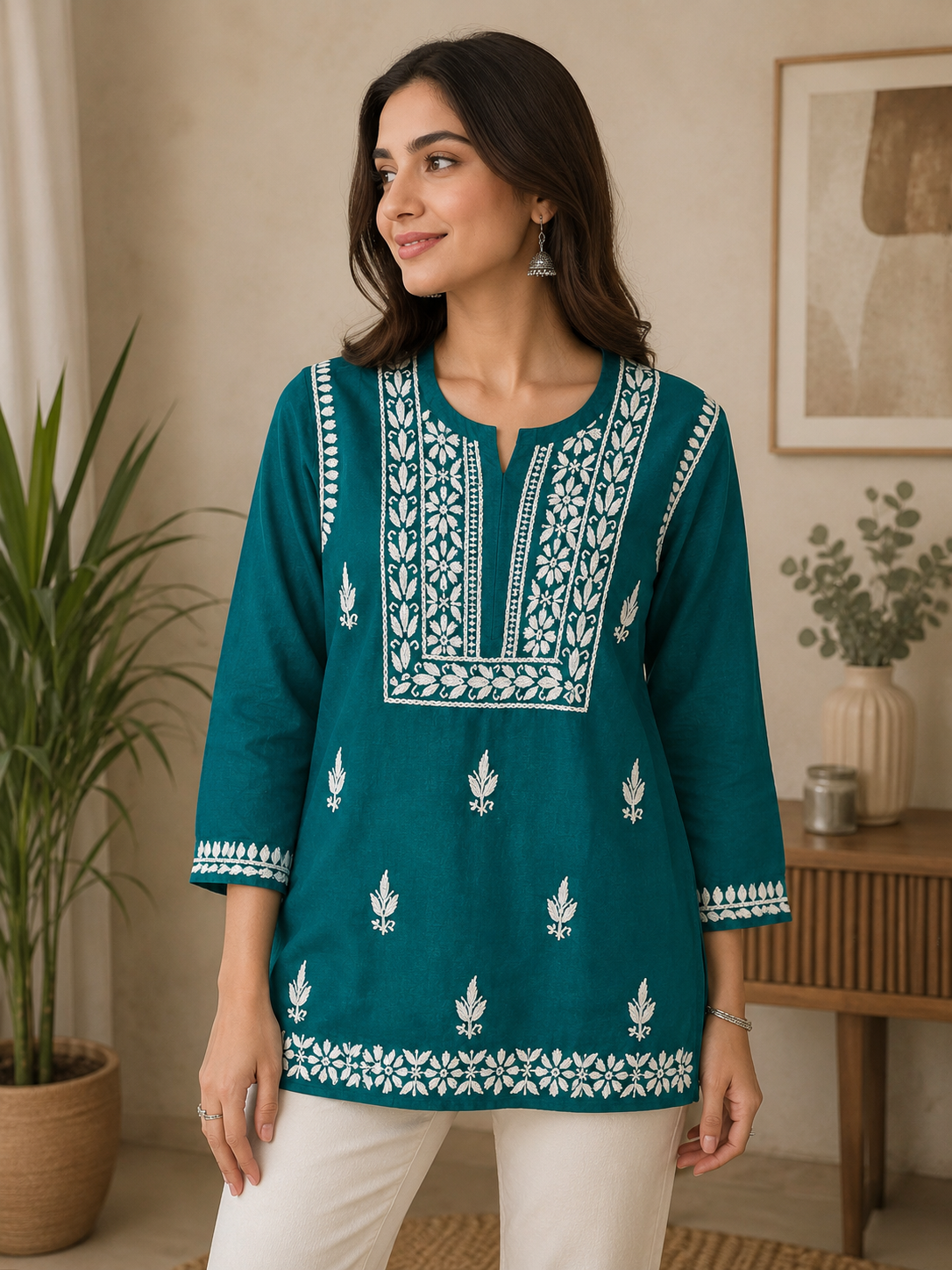 Cotton Chikankari Short Kurti – Dark Green Adab e Libas