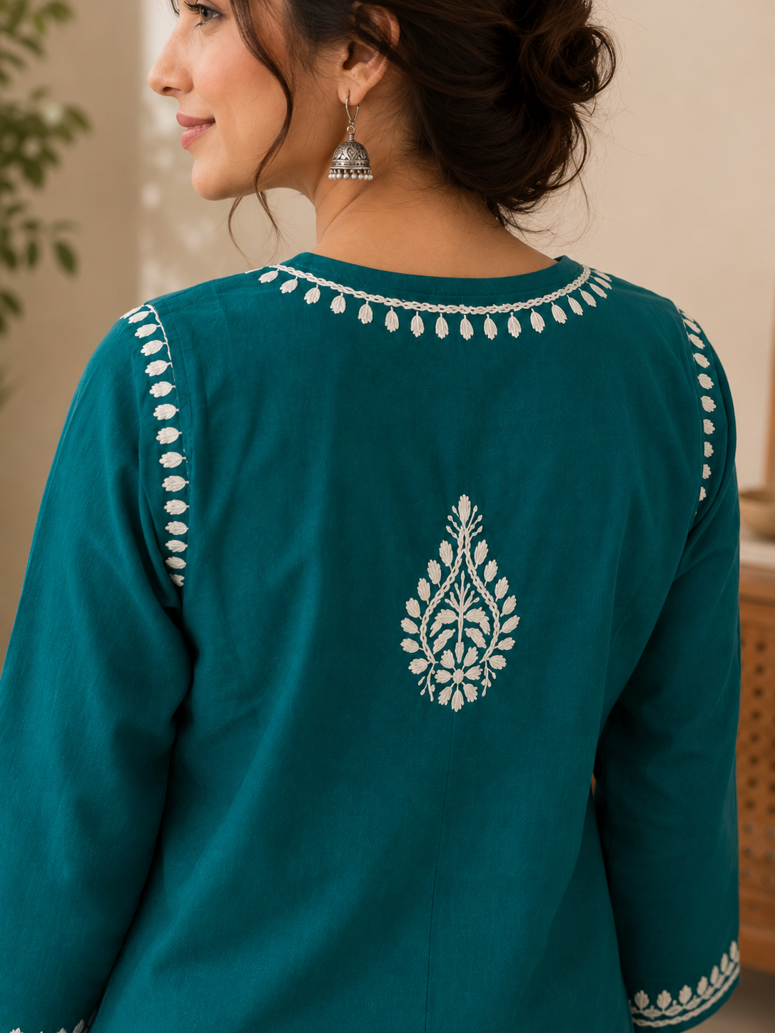 Cotton Chikankari Short Kurti – Dark Green