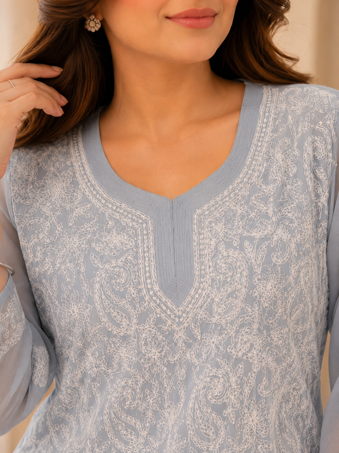 Georgette Chikankari Kurti – Light Gray