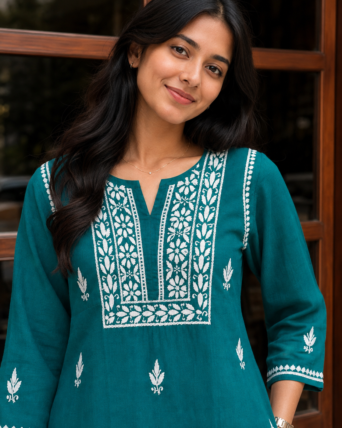 COTTON CHIKANKARI SHORT KURTA - TEAL Adab e Libas
