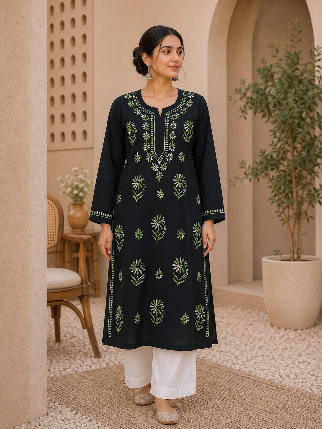 Rayon Chikankari Long Kurta - Green Adab e Libas