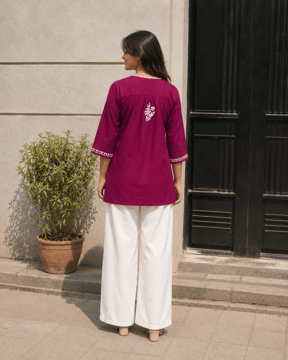 COTTON CHIKANKARI SHORT KURTA - WINE Adab e Libas