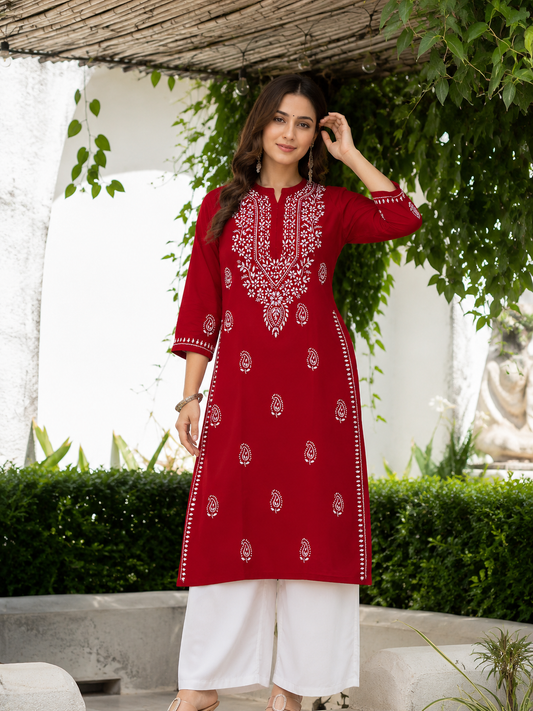 Red Chikankari Cotton Long Kurta Adab e Libas