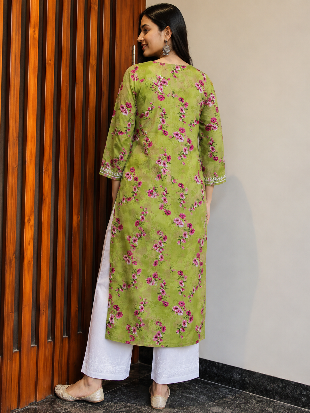 Olive Green Floral Mal Printed Cotton Long Kurta Adab e Libas