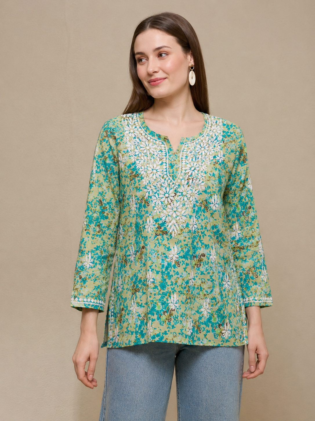 Mint Green Floral Mal Printed Cotton Short Kurta Adab e Libas