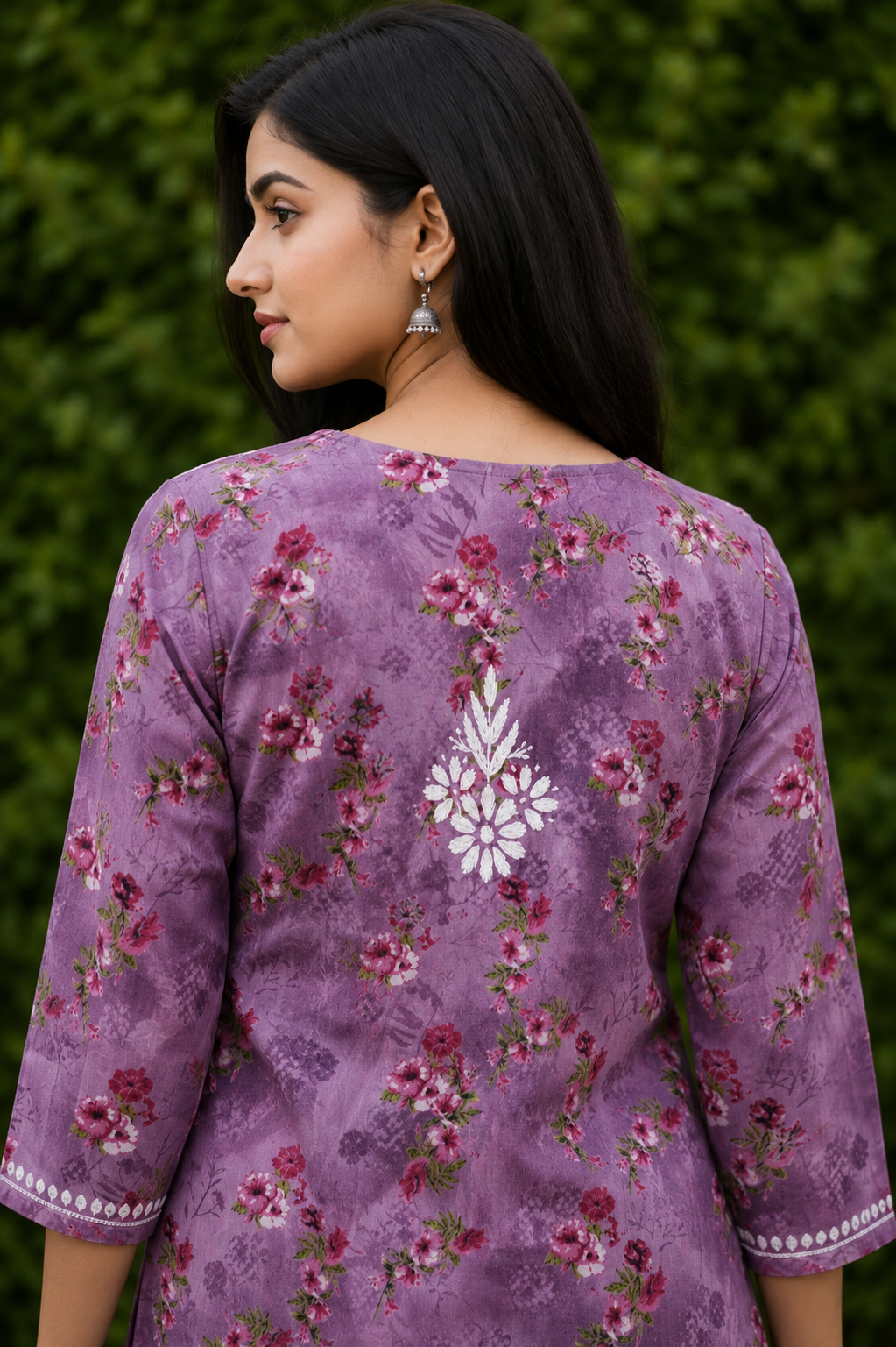 Lilac Floral Mal Printed Cotton Short Kurta Adab e Libas