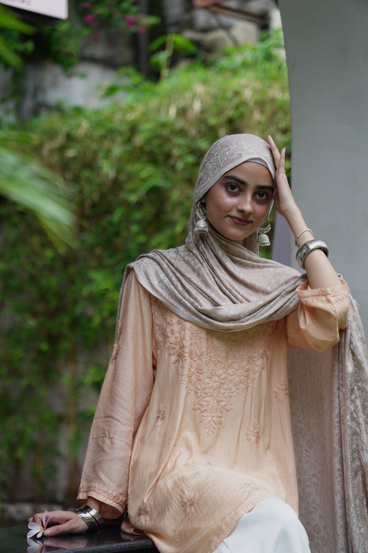 Peach Chikankari Muslin Short Kurta Adab e Libas
