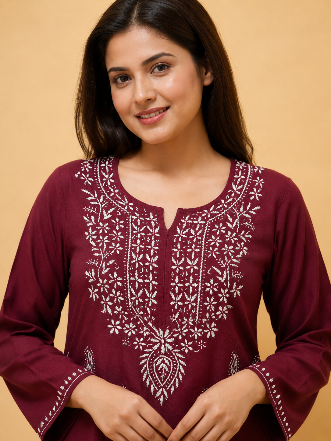 Maroon Chikankari Cotton Long Kurta Adab e Libas