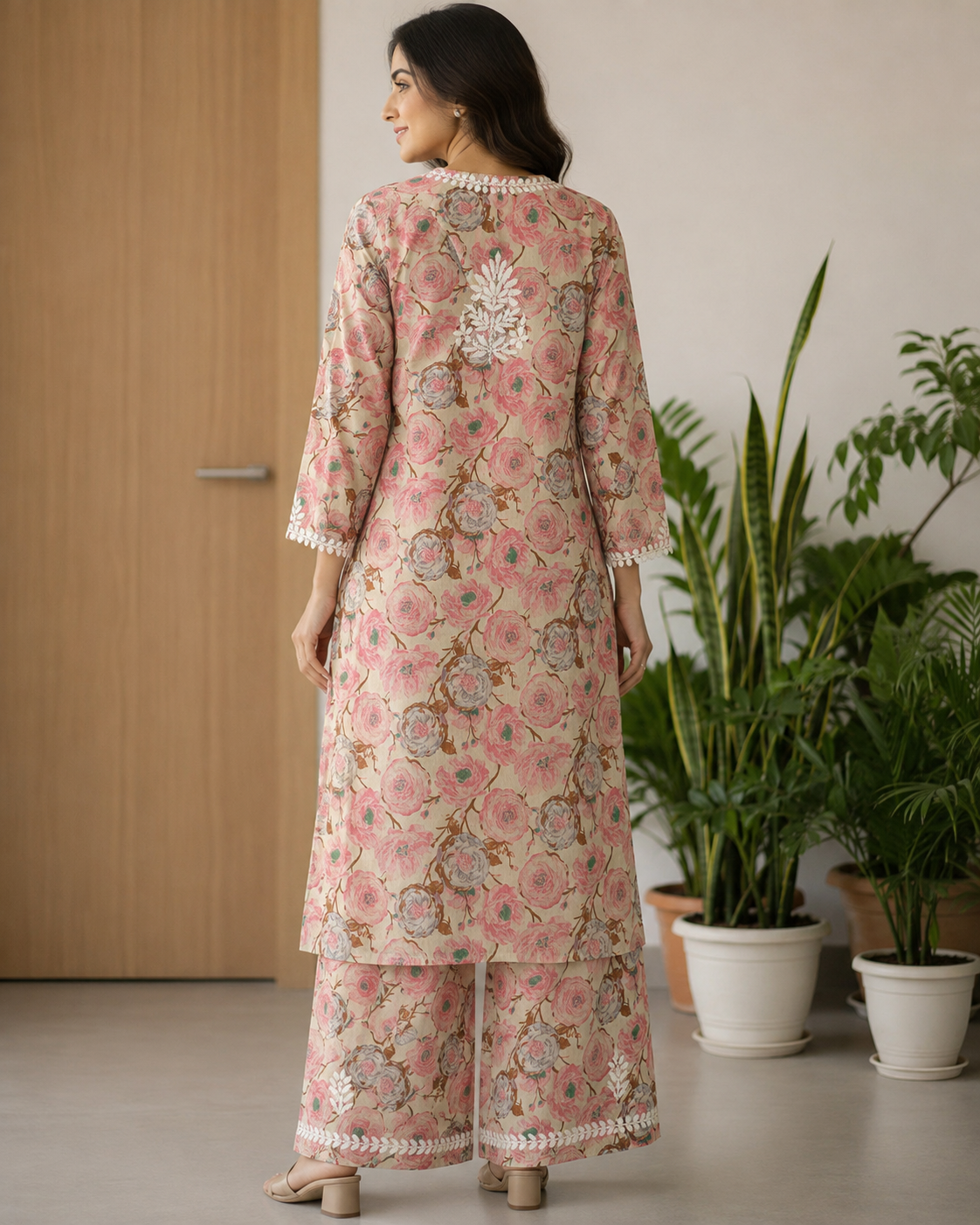 BLUSH PRINTED CHIKANKARI REYON KURTA SET Adab e Libas