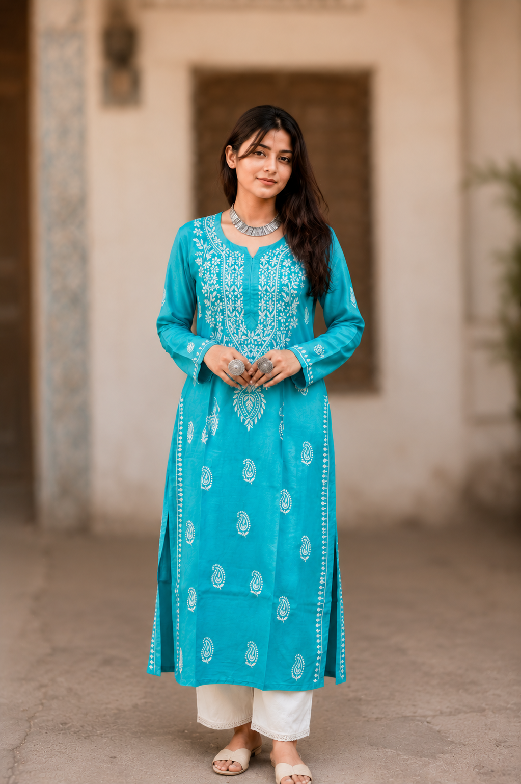 Turquoise Chikankari Cotton Long Kurta Adab e Libas