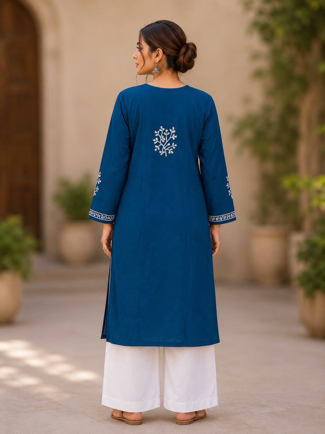Cotton Heavy Boota Chikankari Long Kurta – Blue Adab e Libas