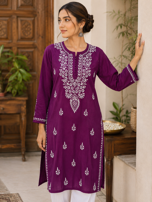 Wine Chikankari Cotton Long Kurta Adab e Libas