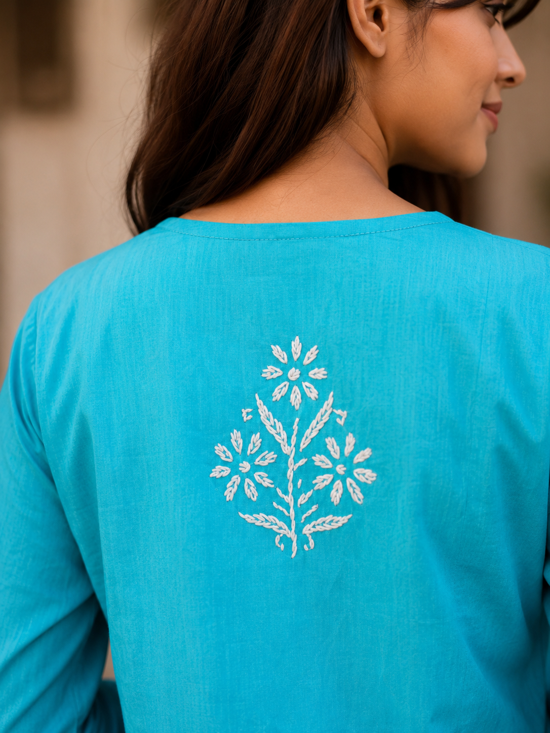 Turquoise Chikankari Cotton Long Kurta Adab e Libas