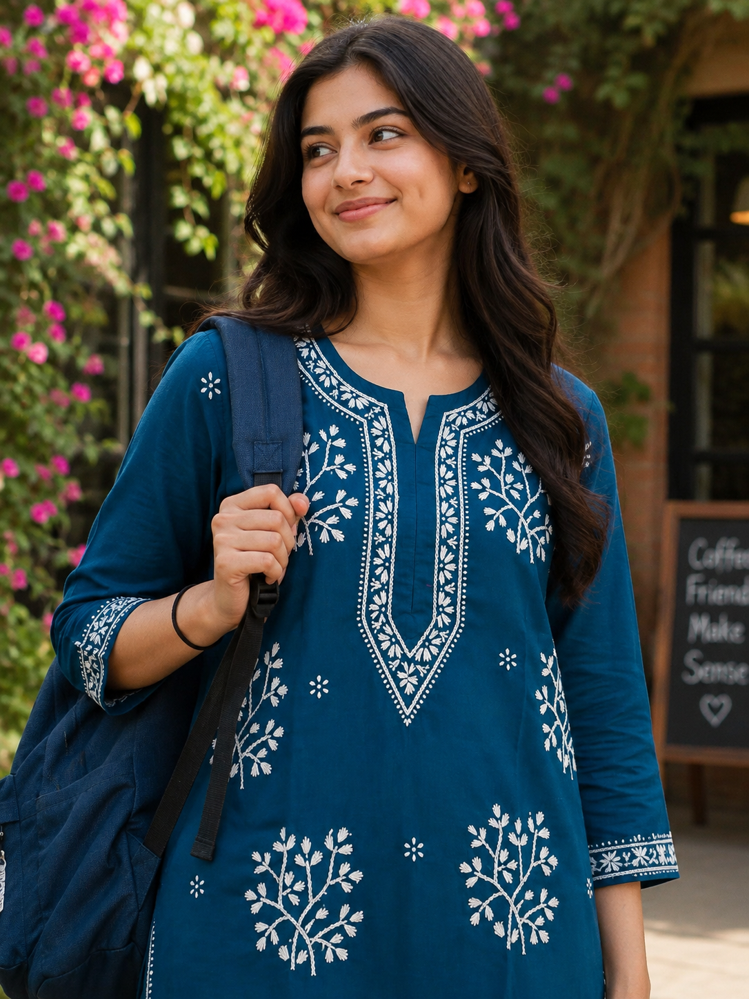 Cotton Heavy Boota Chikankari Long Kurta – Teal Blue Adab e Libas