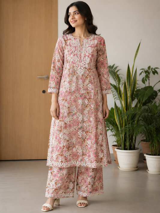 BLUSH PRINTED CHIKANKARI REYON KURTA SET Adab e Libas
