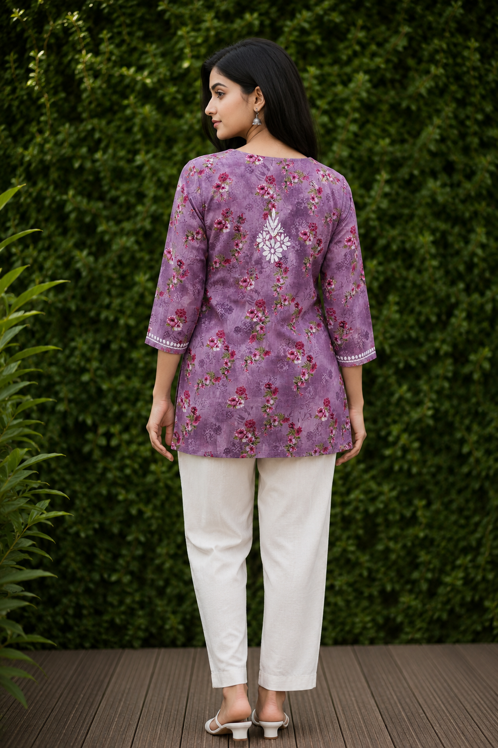 Lilac Floral Mal Printed Cotton Short Kurta Adab e Libas