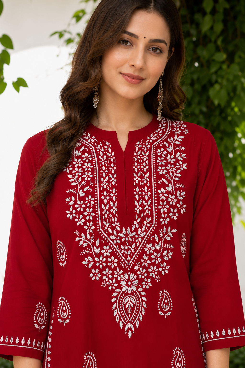 Red Chikankari Cotton Long Kurta Adab e Libas