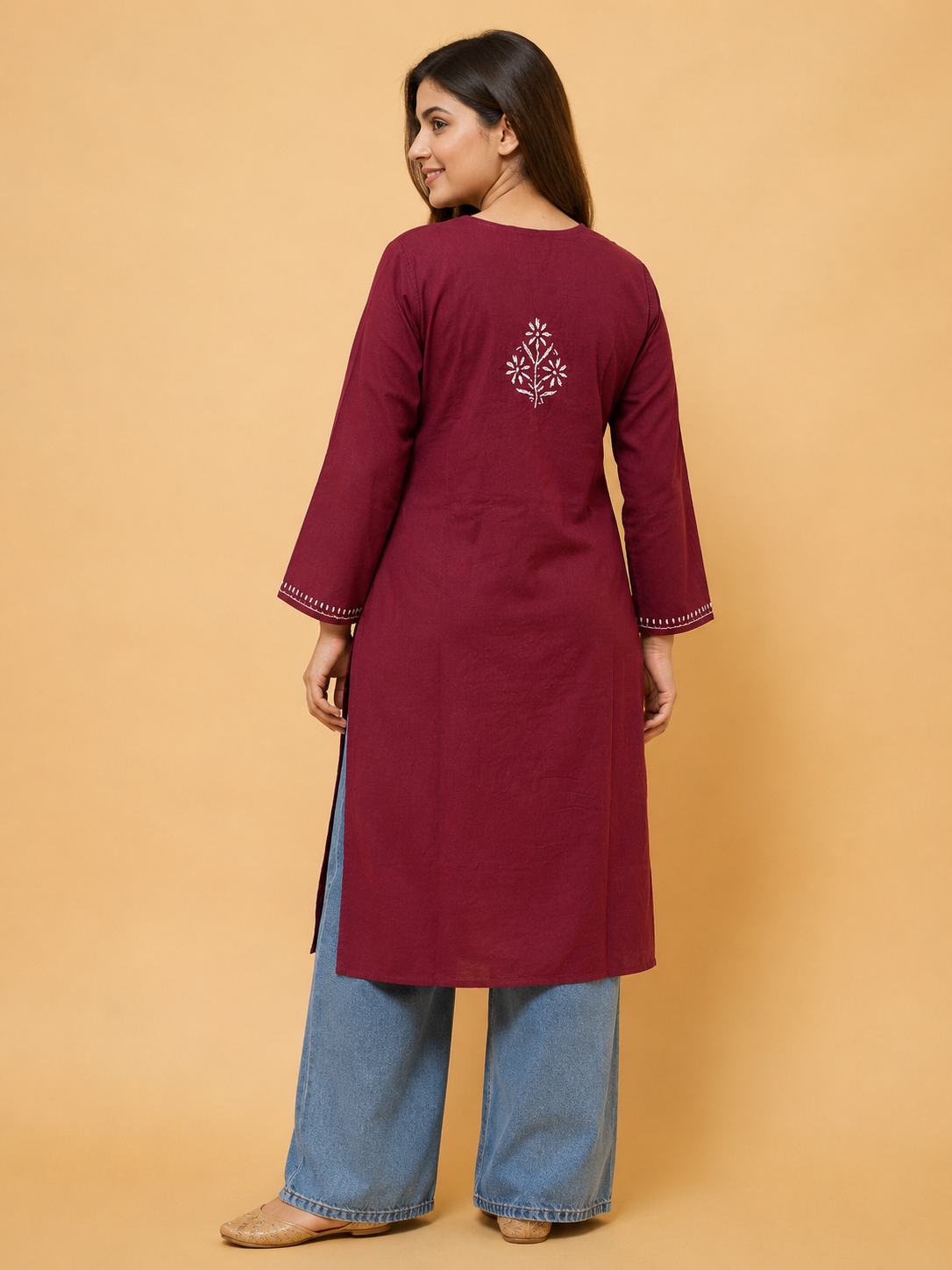 Maroon Chikankari Cotton Long Kurta Adab e Libas