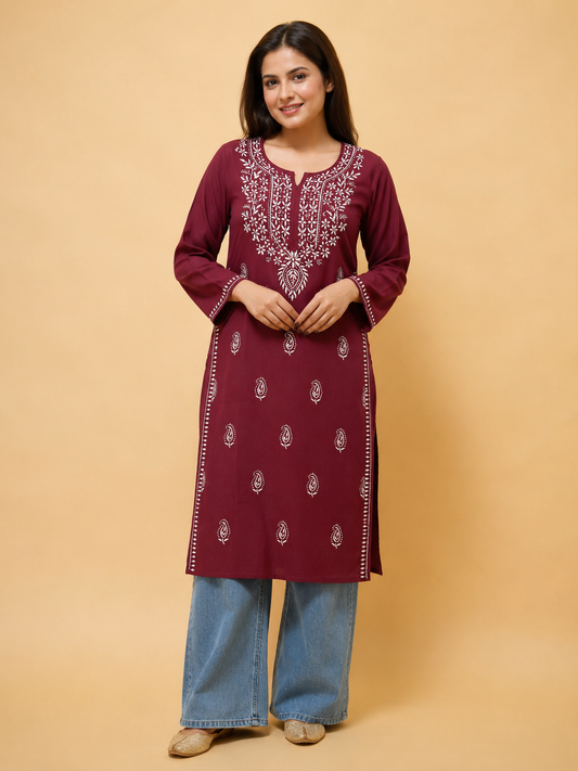 Maroon Chikankari Cotton Long Kurta Adab e Libas