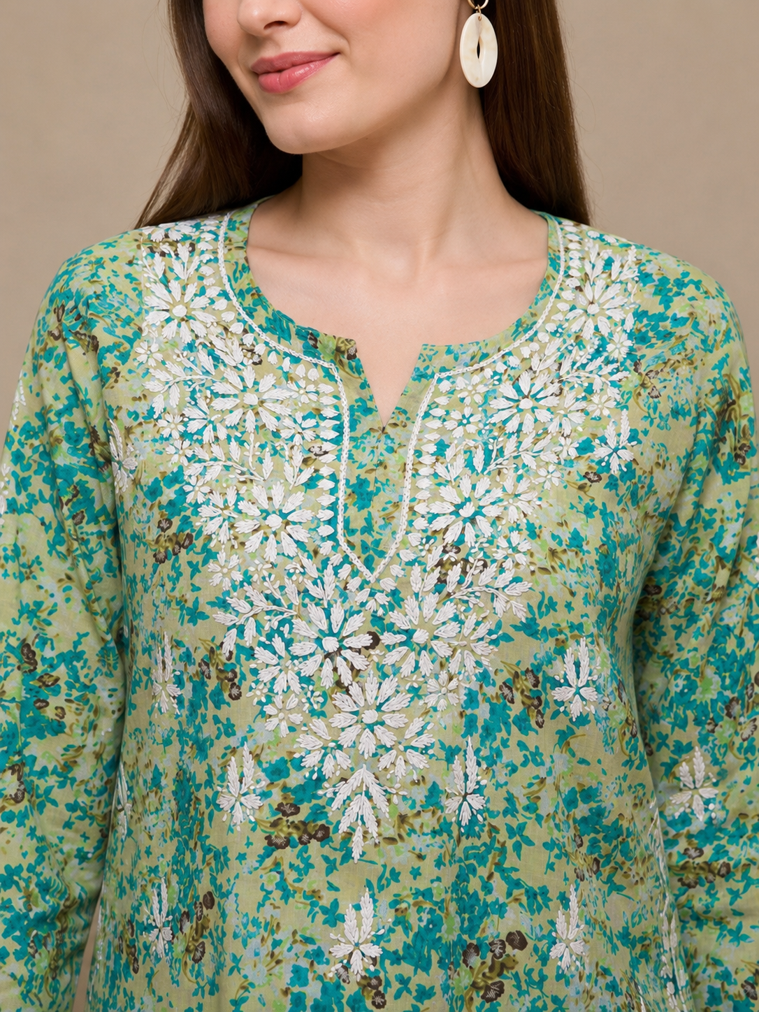 Mint Green Floral Mal Printed Cotton Short Kurta Adab e Libas