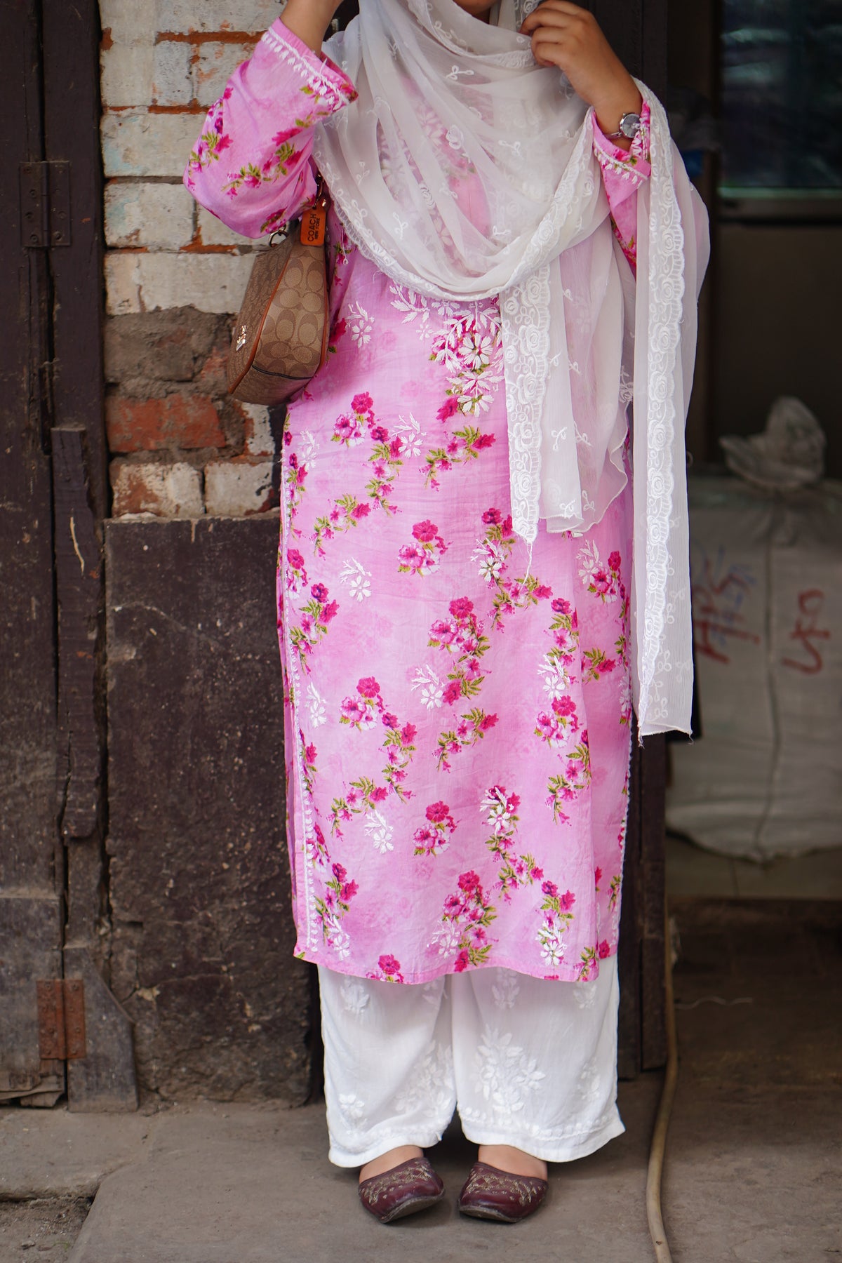 Pink Floral Mal Printed Cotton Long Kurta Adab e Libas