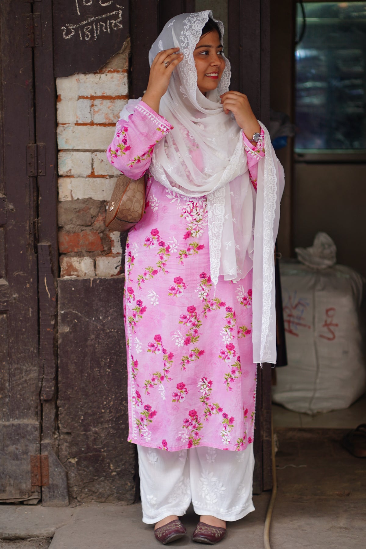 Pink Floral Mal Printed Cotton Long Kurta Adab e Libas