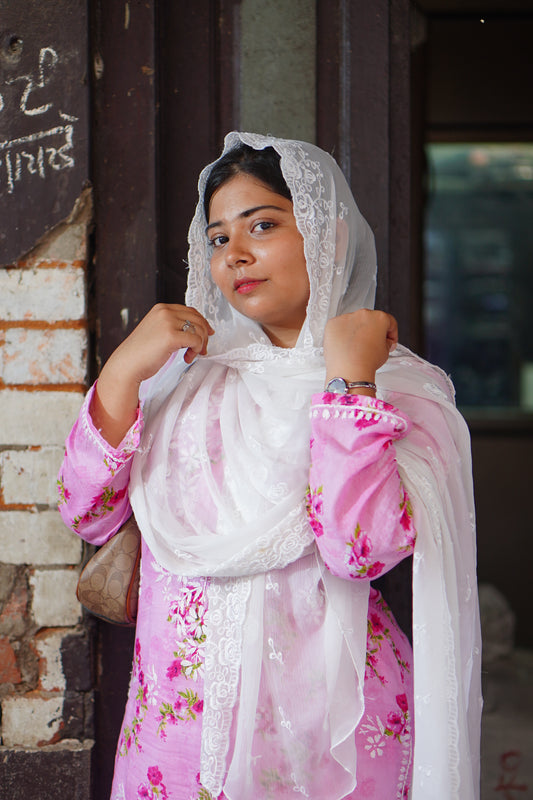 Pink Floral Mal Printed Cotton Long Kurta Adab e Libas