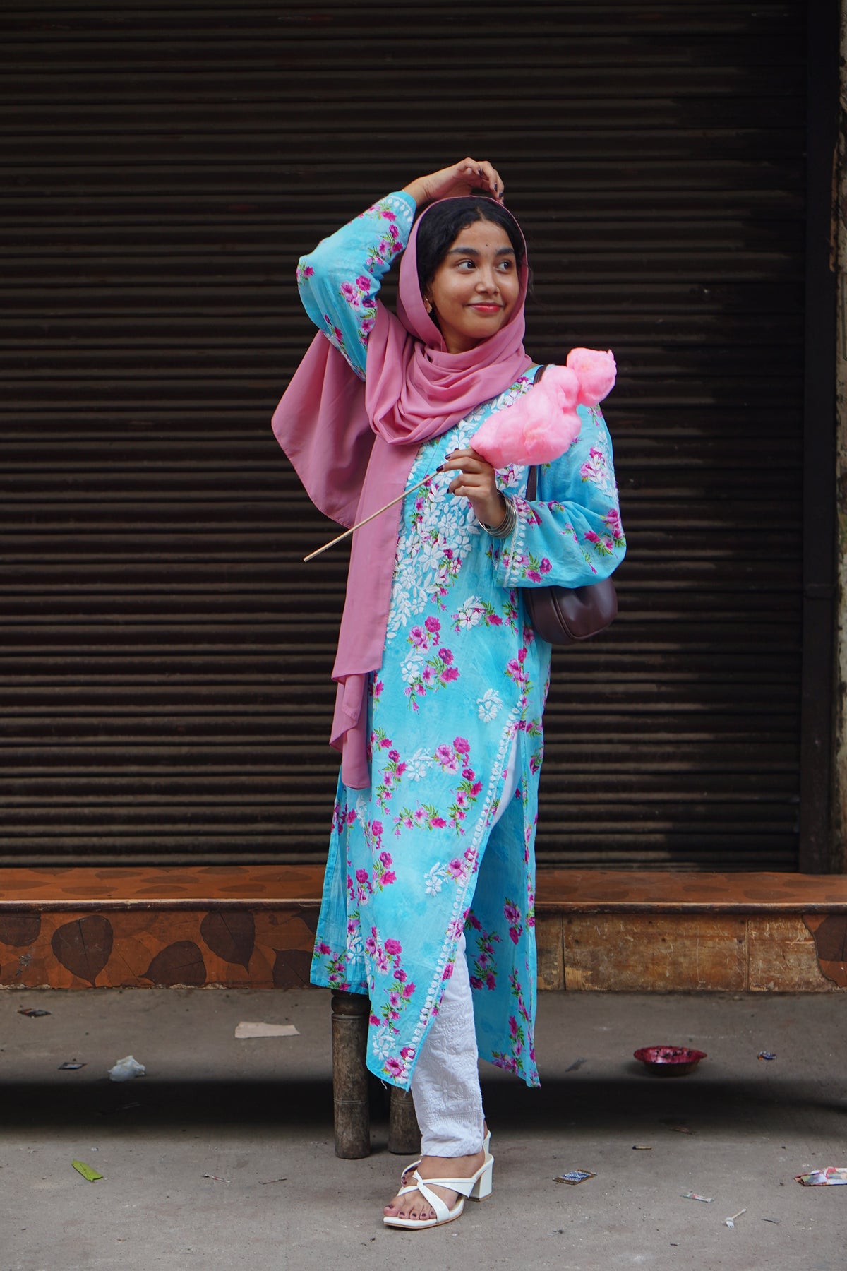 Sky Blue Floral Mal Printed Cotton Long Kurta Adab e Libas