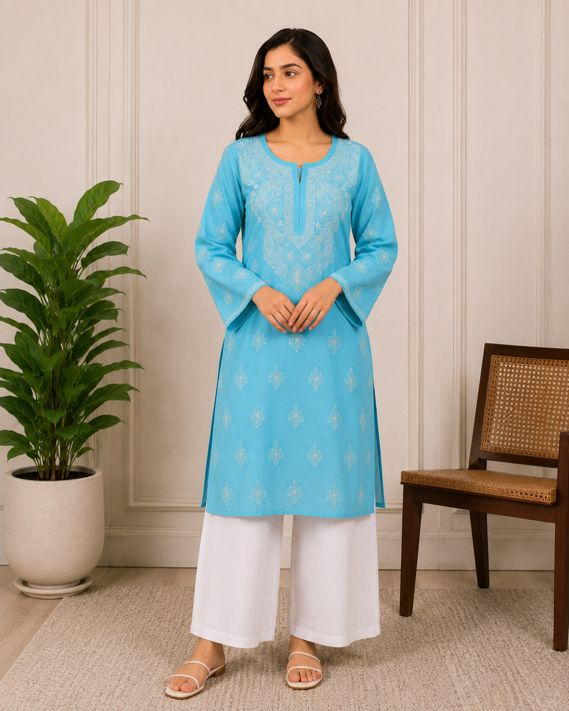 Cotton Chikankari Shadow Kurti – Blue