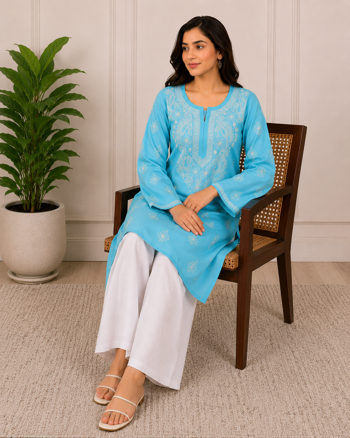Cotton Chikankari Shadow Kurti – Blue