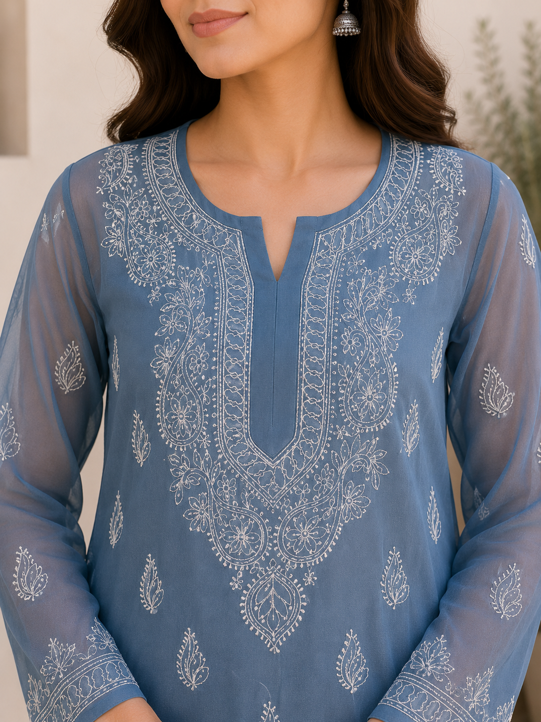 Georgette Chikankari Kurti – Cyan