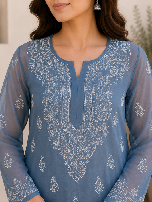 Georgette Chikankari Kurti – Cyan