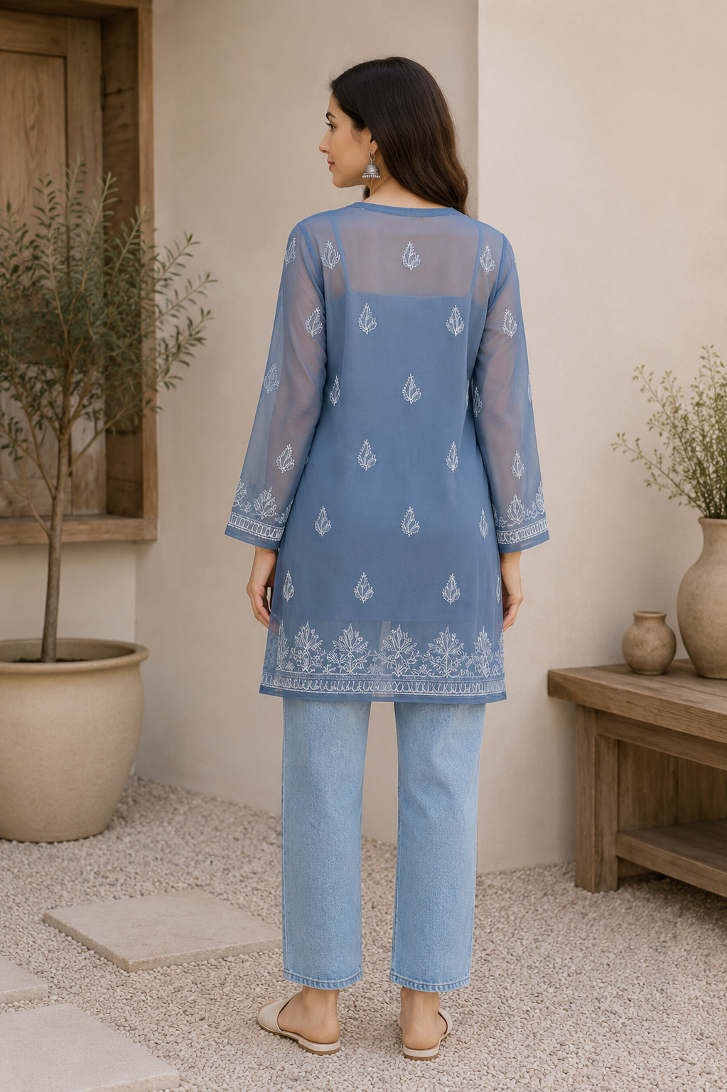 Georgette Chikankari Kurti – Cyan